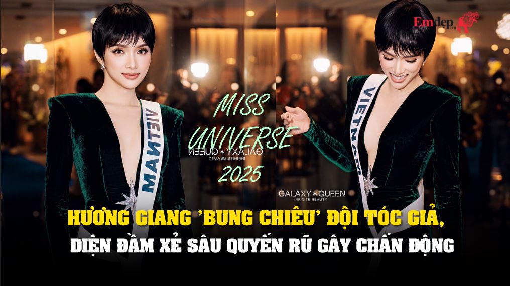 Hương Giang 'bung chiêu' đội tóc giả, diện đầm xẻ sâu quyến rũ gây chấn động Miss Universe 2025